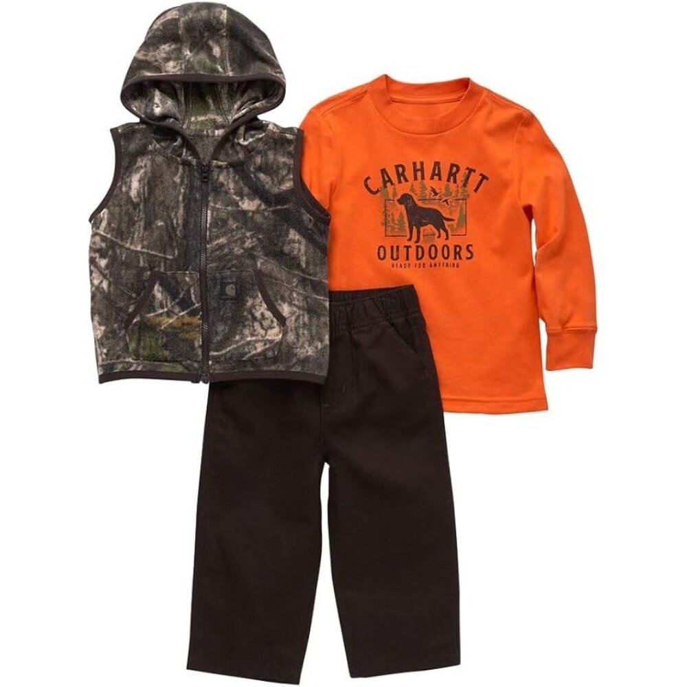 Carhartt Kid's Long-Sleeve T-Shirt, Camo Vest Canvas Pant Set Mustang Brown 12M